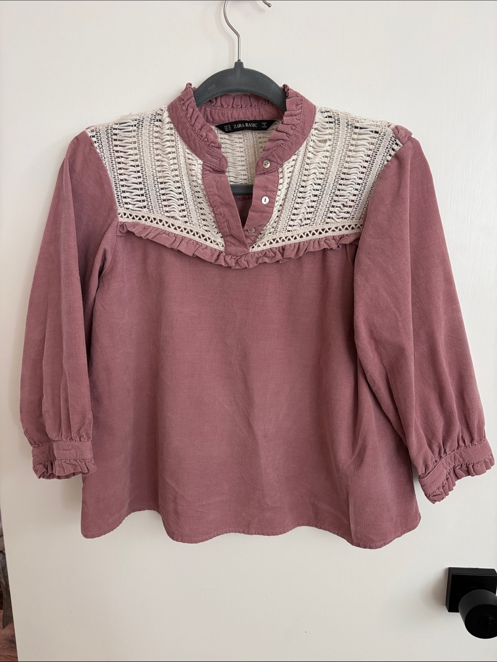 Zara Basic Mauve Crochet Yoke Peasant Blouse